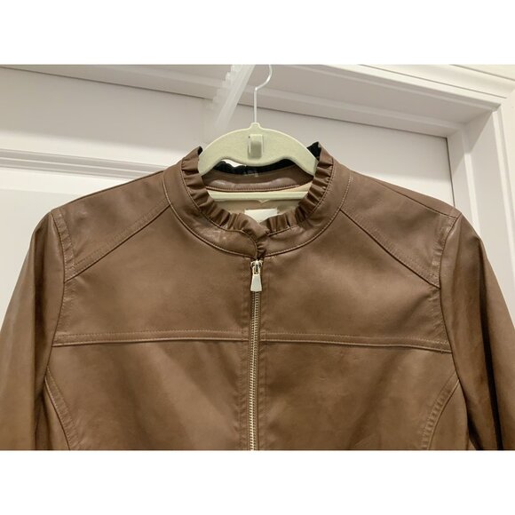 Chicos Jacket Small (1) Brown Vegan Faux Leather Sleeves Ruffle Trim Zip Lined - Picture 2 of 12